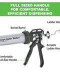B-Line 20 Oz Manual Sausage Caulking Gun With 12:1 Drive showing swivel barrel, ladder hook, and comfort handle