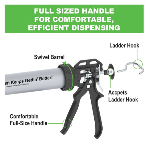 B-Line 20 Oz Manual Sausage Caulking Gun With 12:1 Drive showing swivel barrel, ladder hook, and comfort handle