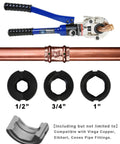 Hydraulic Copper Tube Fitting Crimp Tool with half inch, three quarter inch, and one inch jaw, demonstrating usage on copper pipe
