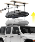 Garage Ceiling Storage Hoist For Roof Cargo Box And Carrier, Heavy Duty Overhead Lift With 4 Point Pulley System showing lift in action