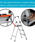 Lightweight Aluminum 3 Step Ladder With Wide Non Slip Steps Foldable Stepladder For Kitchen Pantry Closets And Home Office Space Saving Indoor Use Handy Portable Step Stool Durable Silver Finish with locking top platform