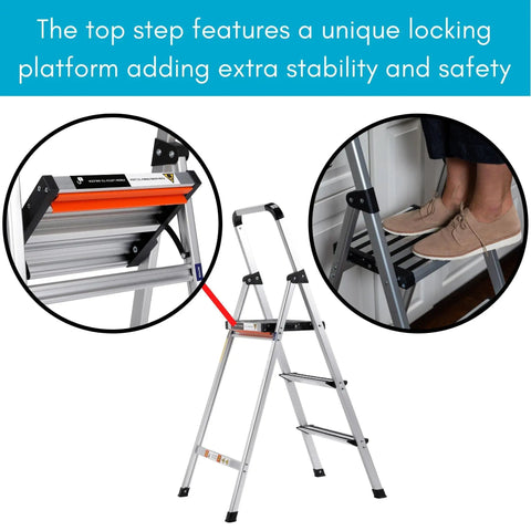 Lightweight Aluminum 3 Step Ladder With Wide Non Slip Steps Foldable Stepladder For Kitchen Pantry Closets And Home Office Space Saving Indoor Use Handy Portable Step Stool Durable Silver Finish with locking top platform