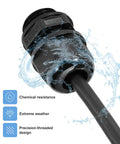 5 Pack PG29 Cable Glands Adjustable 18 To 25mm PA6 Nylon IP68 Waterproof Connectors with Seals in use, showcasing water resistance.