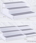 Built Tough 3 Tier Expandable Spice Rack Featuring Adjustable Length And Secure Non Slip Shelves Ultimate Game Changer For Kitchen Cabinet Pantry Or Countertop 2 Pack White And Grey with dimensions shown.