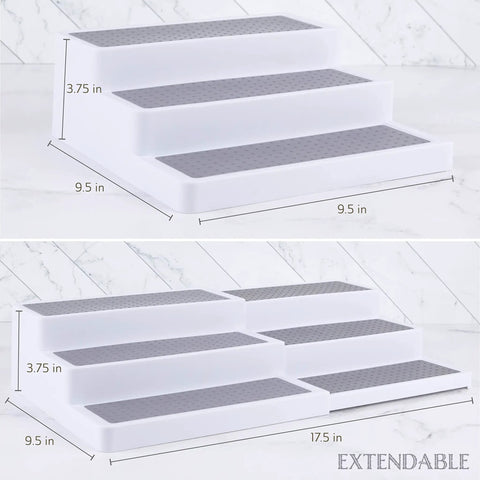 Built Tough 3 Tier Expandable Spice Rack Featuring Adjustable Length And Secure Non Slip Shelves Ultimate Game Changer For Kitchen Cabinet Pantry Or Countertop 2 Pack White And Grey with dimensions shown.