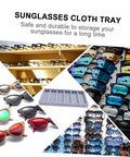 Smooth Six Grid Eyewear Display Holder And Jewelry Storage Plate Featuring A Zero Hassle Clear Cover Soft Lined Tray For Sunglasses Glasses Watches Desktop Organizer Rack with various sunglasses and grey tray.