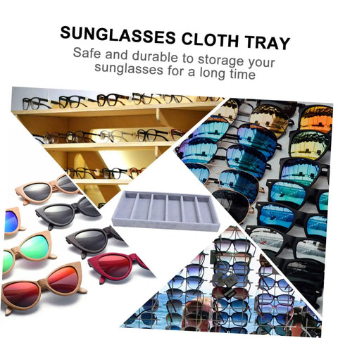 Smooth Six Grid Eyewear Display Holder And Jewelry Storage Plate Featuring A Zero Hassle Clear Cover Soft Lined Tray For Sunglasses Glasses Watches Desktop Organizer Rack with various sunglasses and grey tray.