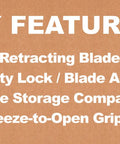 Easycut Cutter Knife With Self Retracting Safety Tipped Blade And Adjustable Length Dial Retractable Edge Guides For Box Tops Built In Blade Storage Includes Three Replacement Blades Black Blue key features list