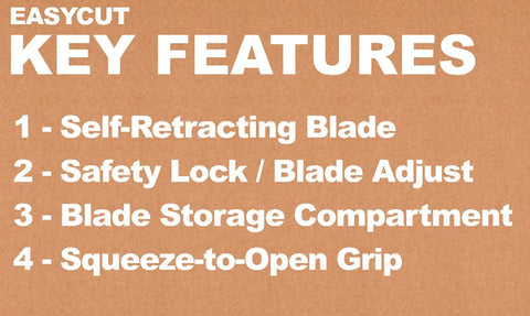 Easycut Cutter Knife With Self Retracting Safety Tipped Blade And Adjustable Length Dial Retractable Edge Guides For Box Tops Built In Blade Storage Includes Three Replacement Blades Black Blue key features list