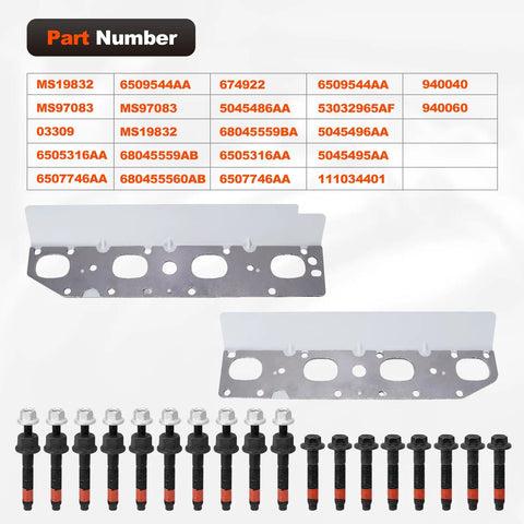 Premium Heavy Duty Exhaust Manifold Gasket Kit With Studs Bolts And Nuts For Dodge Ram Challenger Charger Durango 5 7 Hemi 2009 To 2020 Straight Swap No Headache Install with part numbers.
