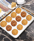 Cookies on Three Piece Stainless Steel Baking Sheet Set Built Tough For Real Home Chefs Non Toxic And Easy Clean Heavy Duty Cookie Sheets In 9, 12, And 16 Inches Fits Most Ovens And Toaster Ovens For Everyday Baking And Roasting