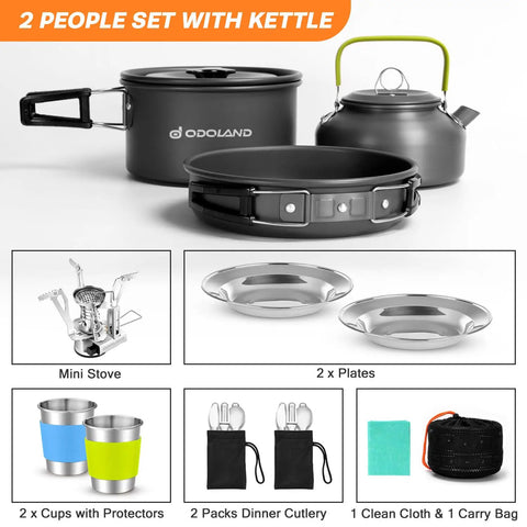 16-Piece Camping Cookware Set With Folding Stove Nonstick Lightweight pots, pans, kettle, cups, plates, forks, knives, spoons