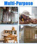 Composite image showing indoor climbing wall, craftsman measuring wood, dining room with table and chairs, wooden structure in workshop