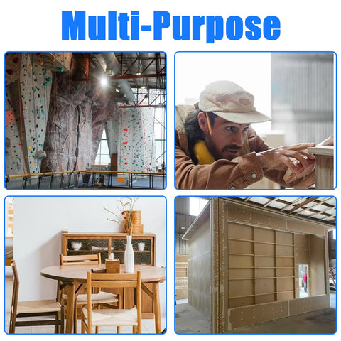 Composite image showing indoor climbing wall, craftsman measuring wood, dining room with table and chairs, wooden structure in workshop