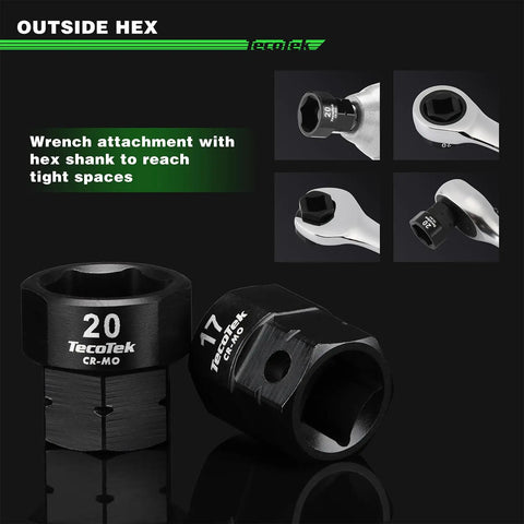 Close-up of 15 Piece Half Inch Drive Metric Low Profile Stubby Impact Socket Set 10mm Through 24mm 6 Point CrMo in use.