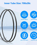 2 Pack 700x28c Road Bike Tire Replacement Kit With Inner Tubes, features highlighted, size 700x28c, light weight