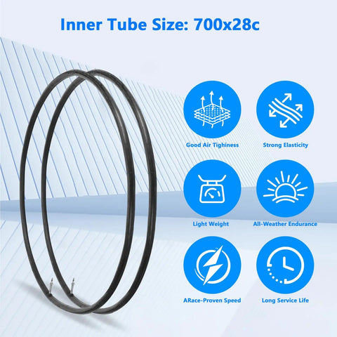 2 Pack 700x28c Road Bike Tire Replacement Kit With Inner Tubes, features highlighted, size 700x28c, light weight