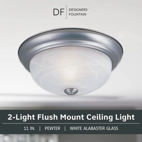 Reedley Dope Two Light Flush Mount Ceiling Light With White Alabaster Glass Shade In Pewter Finish 11 Inch Modern Fixture For Kitchen