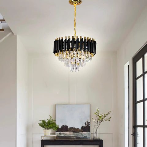 Room featuring Modern Crystal Chandelier in Black and Gold 16 Inch 3 Tier Round Pendant Light with K9 Crystals