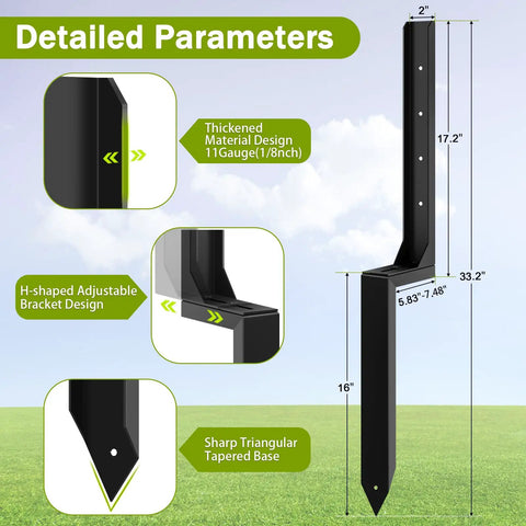 Diagram of Set Of 4 Heavy Duty Fence Post Repair Anchors With Adjustable Width Ground Stakes, showing dimensions and material details.
