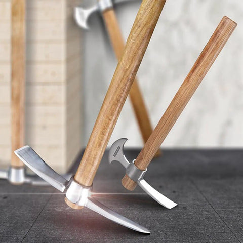 Heavy Duty Garden Pick Axe With Wooden Handle And Stainless Steel Mattock Sharp Pick And Cutting Edge, standing upright