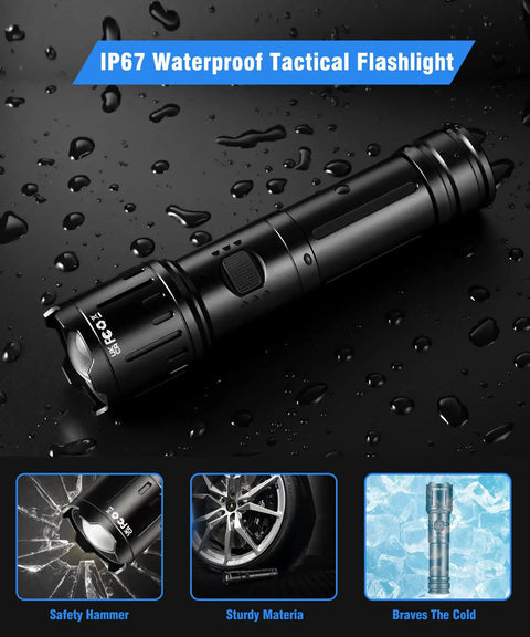 Ultra Bright 990000 Lumen USB Rechargeable Flashlight With Zoomable Beam on wet surface showcasing waterproof feature