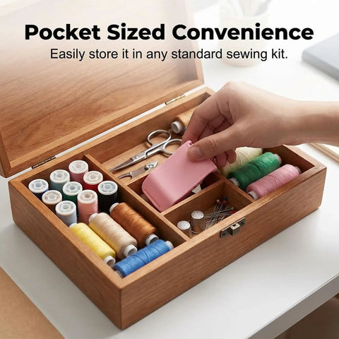 Hand placing pink magnetic seam guide with thread trimmer in wooden sewing box for Seam Guide With Magnetic Alignment For Sewing Machines, Easy Clamp Tool For Precise Stitching, Keeps Cuffs, Pockets, And Hems In Line, Ideal For Beginners And Pros, Speed Up Your Sewing Projects And Achieve Pro Level Results.