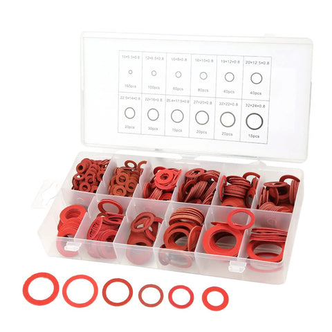 KickAss 600 Pieces Pro Grade Insulating Washers Assortment Kit With 12 Sizes Featuring Red Steel Paper Fiber Flat Rings Packed In A Box Built To Prevent Short Circuits To Keep All Safe During Repair Work Or Installation Tasks At Home Or Garage, open box