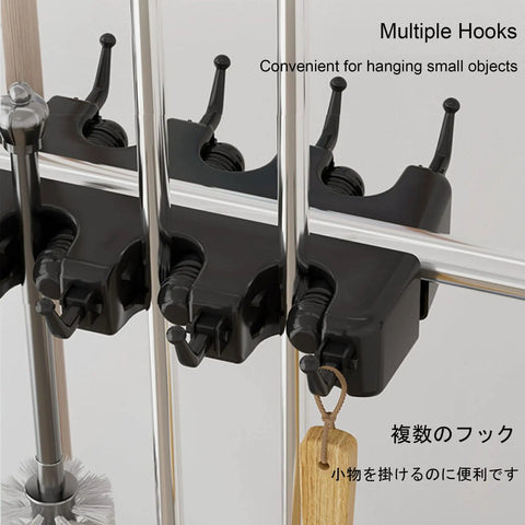 Close-up of Versatile Mobile Commercial Mop Rack With Broom Holder And 8 Slots Cleaning Tool Cart hooks for small objects.