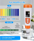 5 In 1 Digital Pool Water Tester With pH And Salinity Meter in use, showing digital display and pH color chart for saltwater pools.