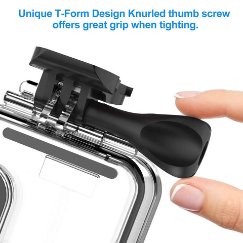 Close-up of the thumb screw on Waterproof Dive Housing for Go Pro 11 10 9 Action Cameras With 60m 196ft Depth Rating Bracket Mount Kit.