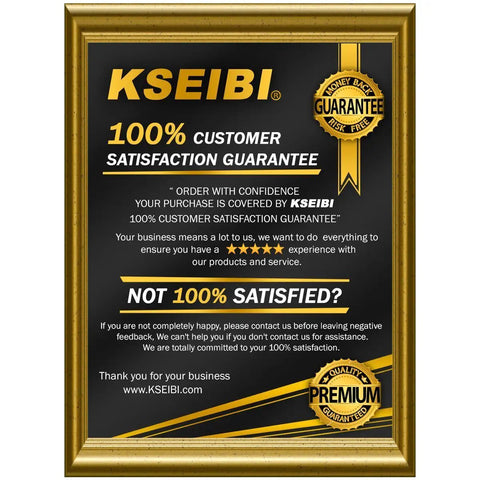 Gold-framed sign displaying a customer satisfaction guarantee from KSEIBI with premium quality assurance.
