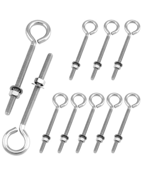 Ten Pack Eye Bolts One Quarter Inch By Four Inch Stainless Steel With Nuts For Hanging Or Securing Cables Outdoor Ready Durable Heavy Duty Hardware With Safe Working Load Up To 160 Lbs shown in a set of ten on white background