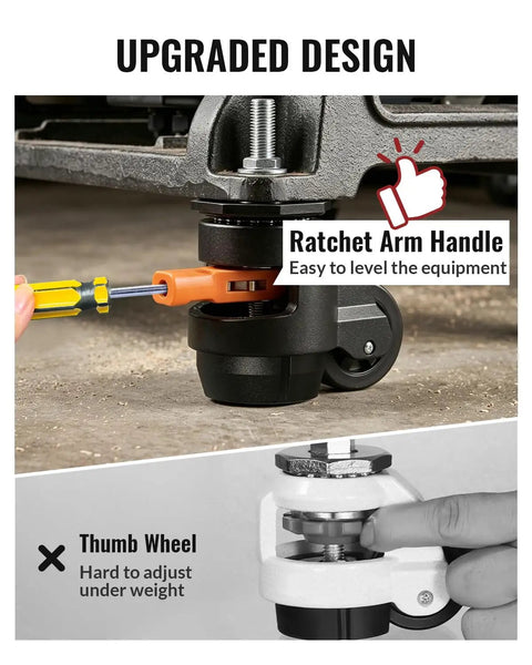 Heavy Duty Retractable Leveling Casters Set Of 4 Dual Stem Sizes And Ratchet Handle showing ratchet arm handle for easy leveling.