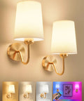 Top Shelf Battery Operated Wall Sconces Set Of Two With Remote Control Smart RGB Bulbs In Matte Gold Rechargeable Wireless Reading Light on wall.