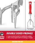 Double Sided Garden Cultivator And Tiller For Simple Soil Aeration And Tillage, showing steel prongs and red handle, 12.75 inches tall.