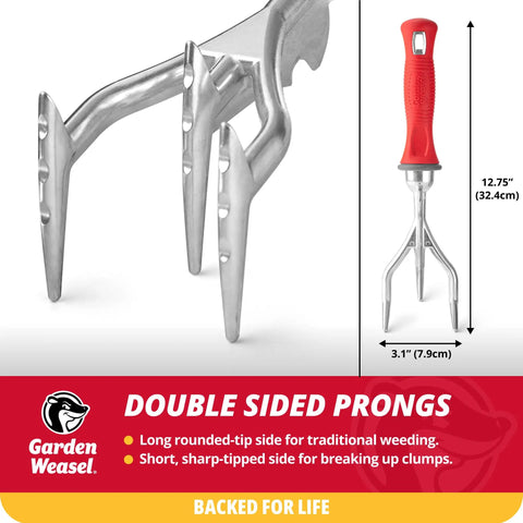 Double Sided Garden Cultivator And Tiller For Simple Soil Aeration And Tillage, showing steel prongs and red handle, 12.75 inches tall.