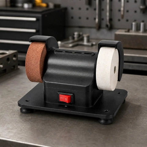 Top Shelf Twin Wheel Bench Grinder With Straightforward Rocker Switch Heavy Duty Electric Edger featuring compact steel design and two wheels.