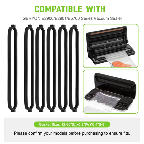 Six-pack of black vacuum sealer gasket strips, compatible with Geryon E2900/E2901/E5700.