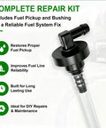 Fuel Pickup And Bushing Replacement Kit For Select Lawn Tractors Including E100 E110 E120 E130 E140 E150 LT133 LT150 LT160 325 335 345 Z225 Z245 Z425 Z445 Z465 Replaces AM122215 And M132706 Easy Fuel Line Repair displayed with benefits like improving fuel line reliability and built for long lasting use.