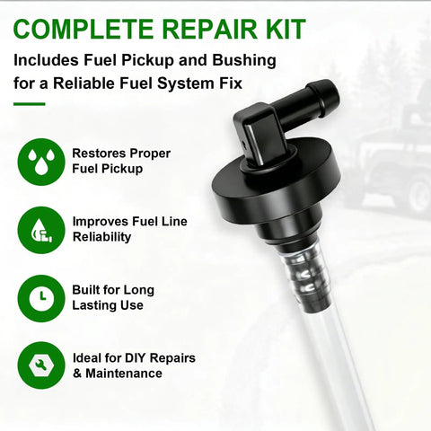 Fuel Pickup And Bushing Replacement Kit For Select Lawn Tractors Including E100 E110 E120 E130 E140 E150 LT133 LT150 LT160 325 335 345 Z225 Z245 Z425 Z445 Z465 Replaces AM122215 And M132706 Easy Fuel Line Repair displayed with benefits like improving fuel line reliability and built for long lasting use.