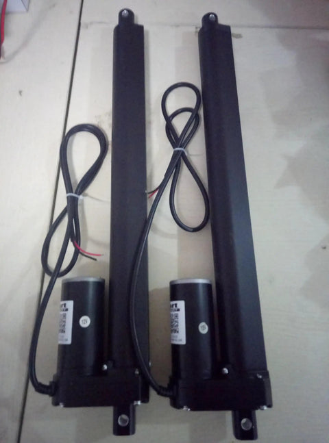Built Tough Electric Linear Actuator With Solid Brake 350 Mm Stroke 3500 N Push Pull Force Straight Forward DC 12V To 48V Lift Motor overhead view of two black linear actuators with wires