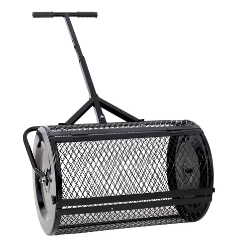 Front view of 24 Inch Peat Moss Spreader With Steel Mesh Roller And T Shape Handle Heavy Duty Lawn And Garden Care Tool For Even Seed And Material Spreading In Large Backyards.
