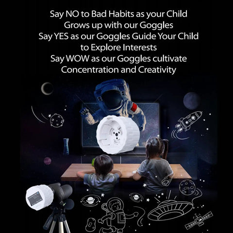 Two children using telescope camera eyepiece with 1080P FHD video and 2K recording for space exploration illustration.