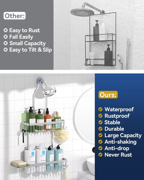 Rustproof Aluminum Shower Caddy Hanging Organizer With Two Tier Baskets Three Removable Hooks And Soap Dish Inside Shower Storage For Razors Shampoo Gel Towels And More In Bright Silver installed in shower