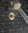 Saylor 14 Series Five Setting Shower Faucet Trim Kit With Brushed Gold Shower Head And Handle In Champagne Bronze Finish T14235 CZ Valve Not Included Rough In Valve Sold Separately