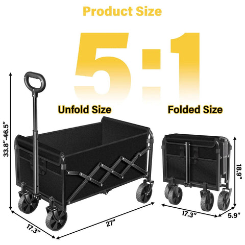 All Terrain Folding Utility Wagon With Wheels For Groceries Moving Sports And Garden Collapsible Cart Unfolded and Folded Sizes
