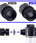 Before and after installation of 20 Pack Stainless Steel Hose Filter Washers With Screen Inlet Strainer For 3/4 Inch Garden Hose Connector