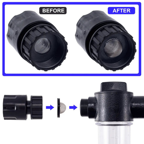 Before and after installation of 20 Pack Stainless Steel Hose Filter Washers With Screen Inlet Strainer For 3/4 Inch Garden Hose Connector