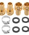Premium Garden Hose Repair Kit With Brass Quick Connectors And Stainless Steel Clamps For Easy Outdoor Watering Fixes And Leak Prevention In Your Backyard. Brass hose fittings, clamps, and seals laid out on white